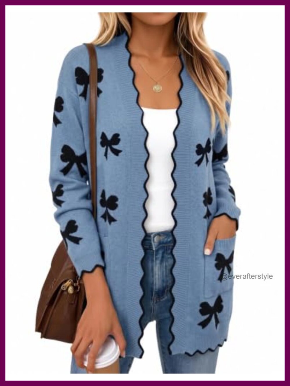 Long Open Front Cardigan Bow Print Scalloped Trim Pockets Relaxed Fit